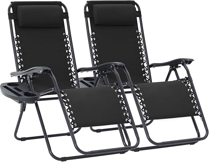 JEAREY Zero Gravity Lounge Chairs Set of 2, Adjustable Steel Mesh Recliners w/Pillows and Cup Holder Trays for Patio, Gard...
