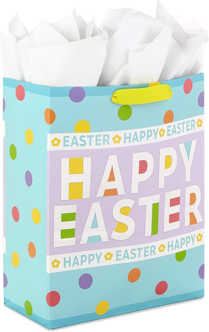 Hallmark 15" Extra Large Easter Gift Bag with Tissue Paper (Happy Easter, Polka Dots) for Easter Baskets, Easter Egg Hunts...