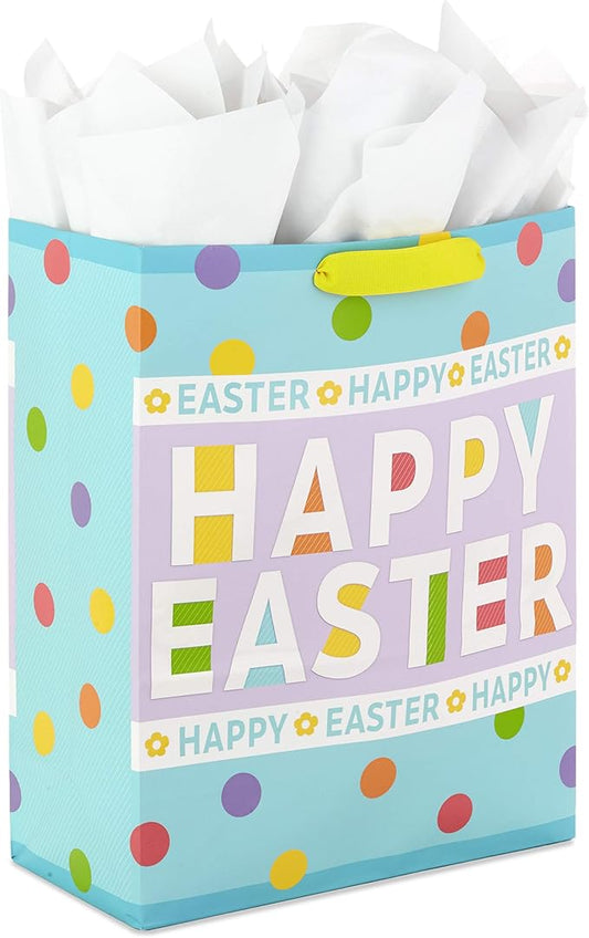 Hallmark 15" Extra Large Easter Gift Bag with Tissue Paper (Happy Easter, Polka Dots) for Easter Baskets, Easter Egg Hunts...