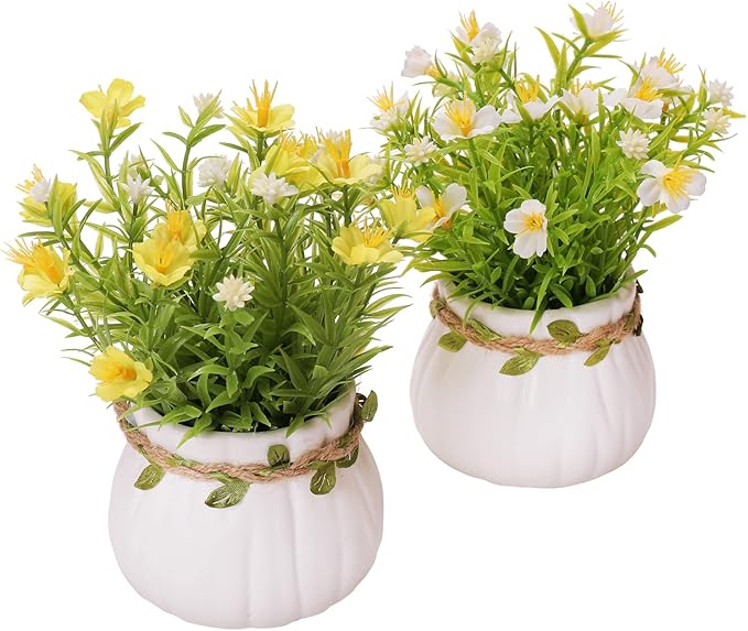 Artificial Flowers, Daisy Flower with Vase Silky Artificial Daisies Bouquet Fake Plant Bonsai for Home Office Wedding Deco...