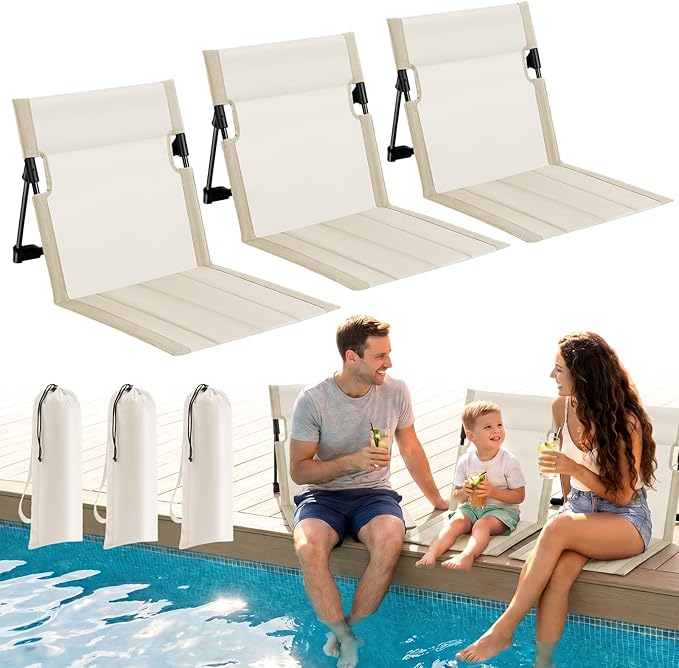 3 Pack Portable Poolside Chairs, Foldable Beach Chairs for Adults, Lightweight Legless Ground Seat with Carry Bag, Small B...