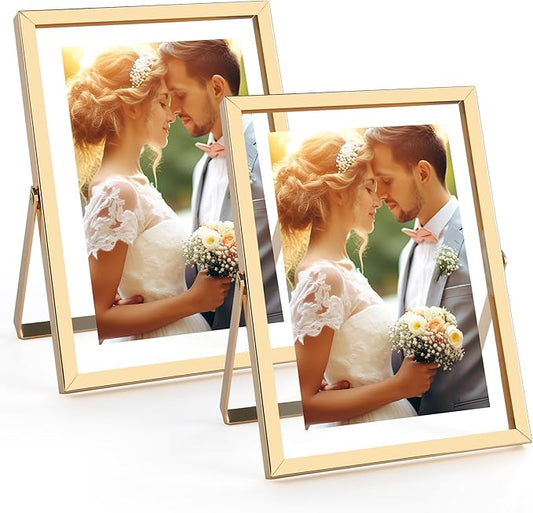 Golden State Art, 2 Pack, 5x7 Inch Metal Picture Frames, Floating Display for 4x6, 3x5 Photos, with Real Glass and Pull-Ou...