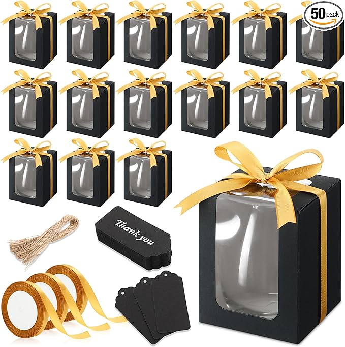 Fulmoon 50 Pack Gift Boxes for Wine Glass Transparent Gift 9 oz Stemless Glass Paper Packaging Box with Ribbon Tag Hemp Ro...