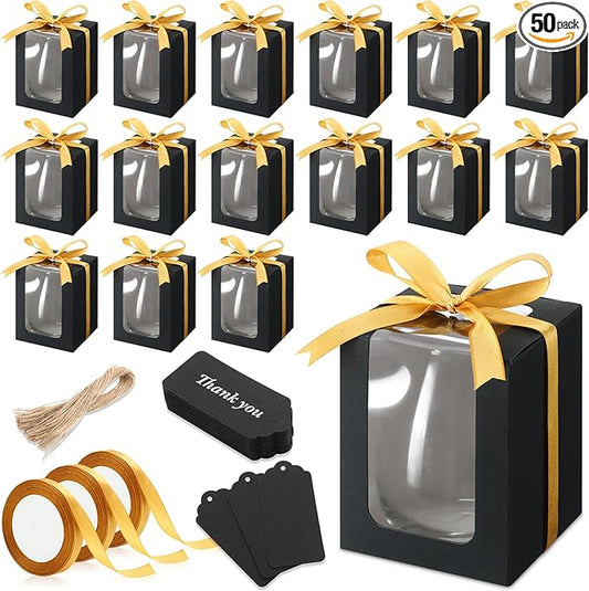 Fulmoon 50 Pack Gift Boxes for Wine Glass Transparent Gift 9 oz Stemless Glass Paper Packaging Box with Ribbon Tag Hemp Ro...