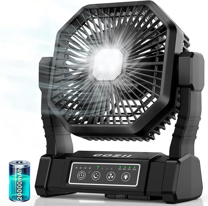 COZII Battery Operated Fan, 20000mAh Rechargeable Portable Fan with LED Lantern - 3 Colors, 4 Speeds, 4 Timing, Adjustable...