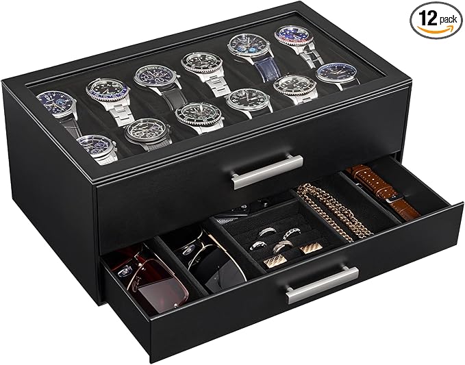 ProCase 12-Slot Watch Box, 2-Tier Pull-Out Drawers Display Case for Men with Clear Top Lid, Watches Jewelry Sunglass Stora...