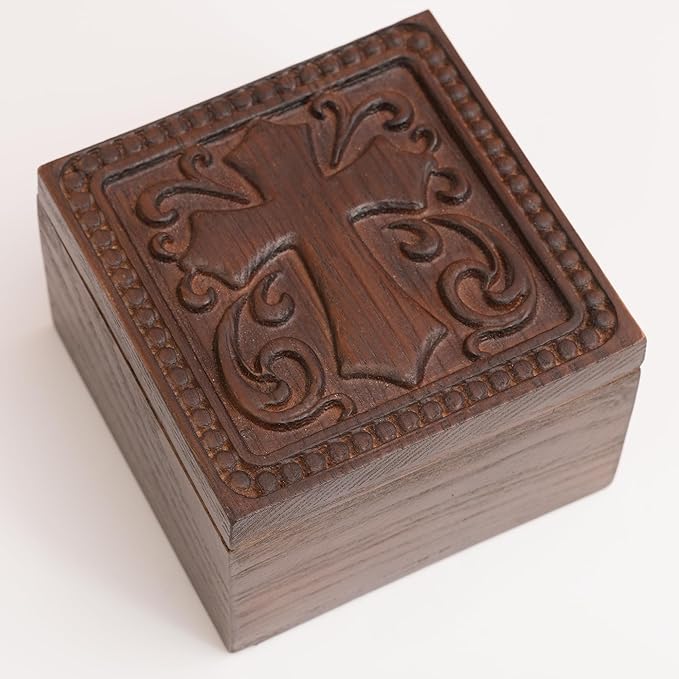 KATINAT Hand-Carved Wooden Cross Keepsake Box – Christian Prayer Box, Rosary Holder & Religious Jewelry Box, Catholic Gift...