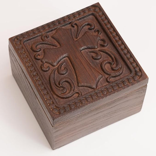 KATINAT Hand-Carved Wooden Cross Keepsake Box – Christian Prayer Box, Rosary Holder & Religious Jewelry Box, Catholic Gift...