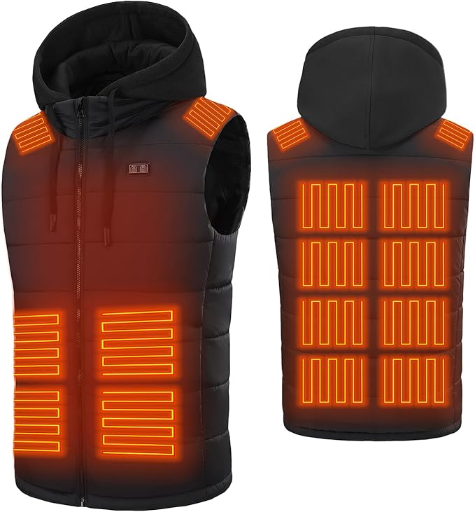 CHANGEOWN Men Heated Vest with 14 Heating Zones Dual Control Electric Heating Vest with Detachable Hood, Battery Not Included