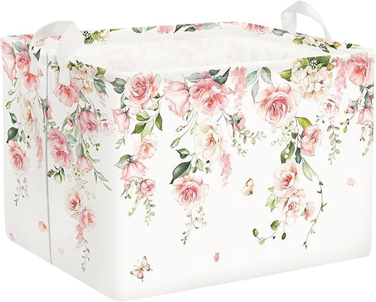Clastyle Flower Girl Book Storage Basket Spring Summer Floral Women Clothes Organizer Bin Parents Gift Toy Box for Bedroom...