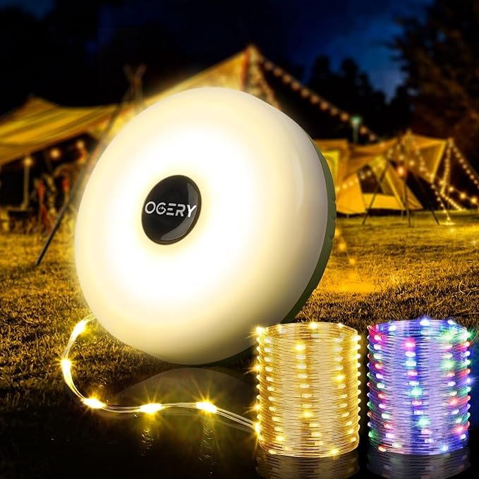 OGERY Camping String Lights, 4 in 1 Quick Storage 32.8FT Rechargeable Tent Lights String with 8 Lighting Modes, Hanging Wa...