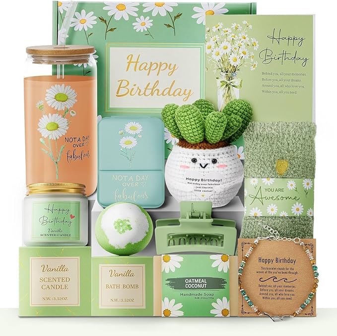 Uongeod Birthday Gifts for Women,Happy Birthday Gifts for Women 11PCS Birthday Basket for Women Green Best Friend Birthday...