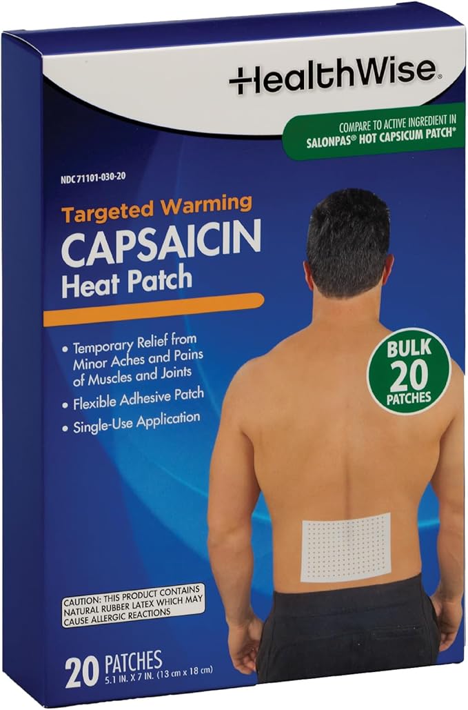HealthWise Targeted Warming Capsaicin Heat Patch | Back & Large Areas | 20-Count | 5.25” x 7” | Topical Analgesic | Soothe...
