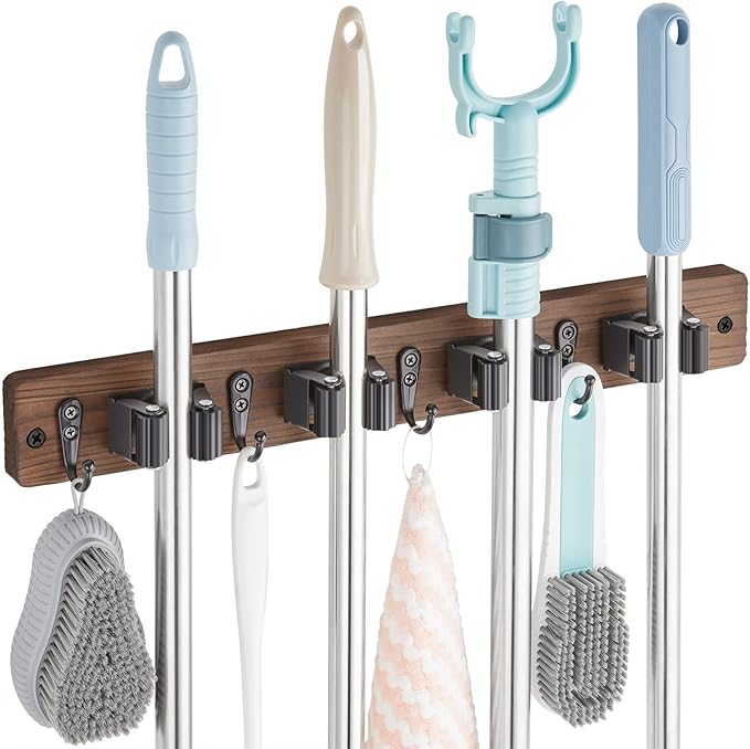 OUTNILI Mop and Broom Holder Wall Mount - Rustic Wood Broom Mop Hanger - Wall Mounted Garden Tool Rack Organizer for Close...