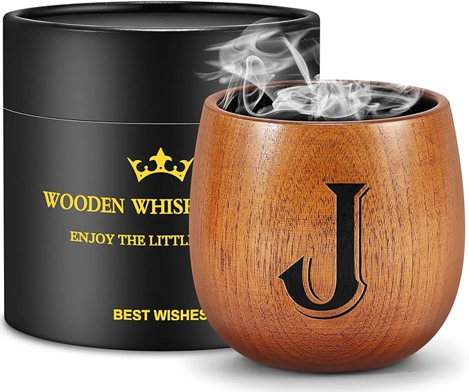 Astonlink Personalized Gifts for Men Husband Dad Boyfriend, Initial Charred Wooden Bourbon Drinking Glass & Whiskey Glasse...