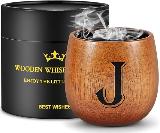 Astonlink Personalized Gifts for Men Husband Dad Boyfriend, Initial Charred Wooden Bourbon Drinking Glass & Whiskey Glasse...