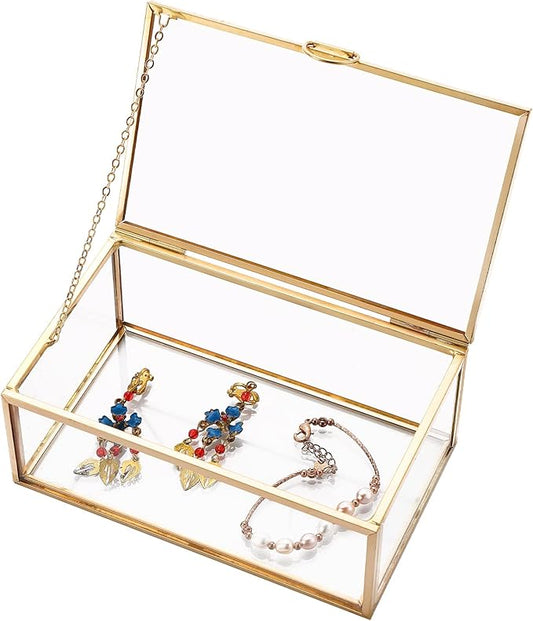 AMGSH Small 5.7" Golden Vintage Glass Keepsake Box | Jwelry Lidded Box Decorative Glass Boxes for Display,Clear Rectangle ...