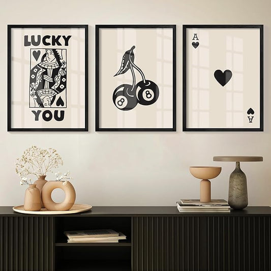 Heiple Framed Set of 3 Poker Wall Art Lucky You Poster, Trendy Retro Print Wall Decor for Queen of Hearts Wall Art Rustic ...