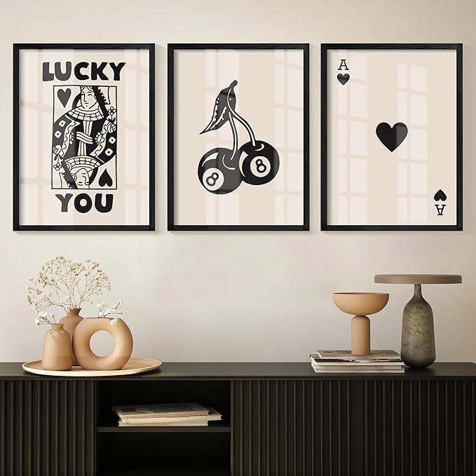 Heiple Framed Set of 3 Poker Wall Art Lucky You Poster, Trendy Retro Print Wall Decor for Queen of Hearts Wall Art Rustic ...