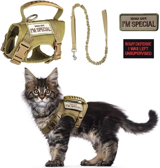 Tactical Cat Harness and Leash Set for Walking Escape Proof Adjustable Large Cat Vest Harness with Patches Soft Mesh Paddi...