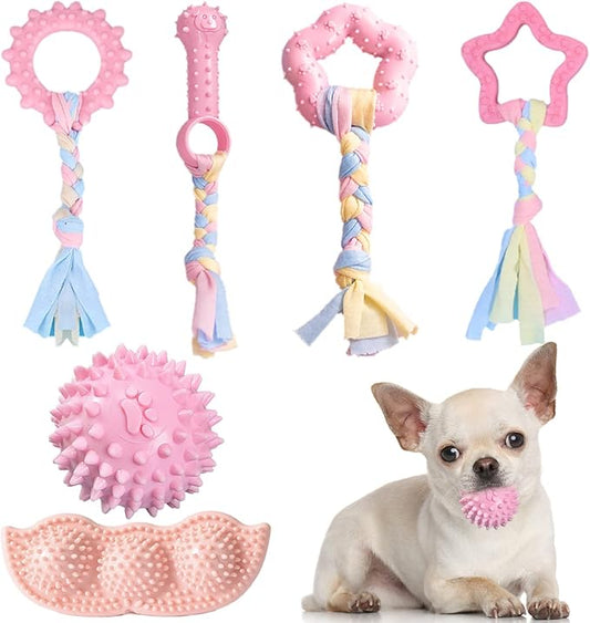ABRRLO 6 Pack Puppy Teething Toys Cute Pink Puppy Chew Toys for Teething Small Breed Dog Chew Toy Interactive Pet Toy Set ...