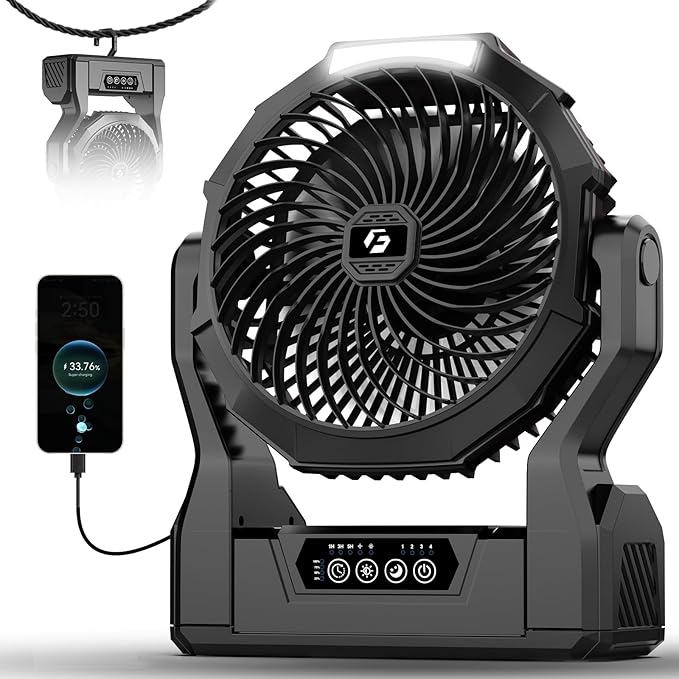 XZK 24000mAh Rechargeable Camping Tent Fan, 64H Runtime Battery Powered Portable Travel Fan with LED Light & Power Bank fo...