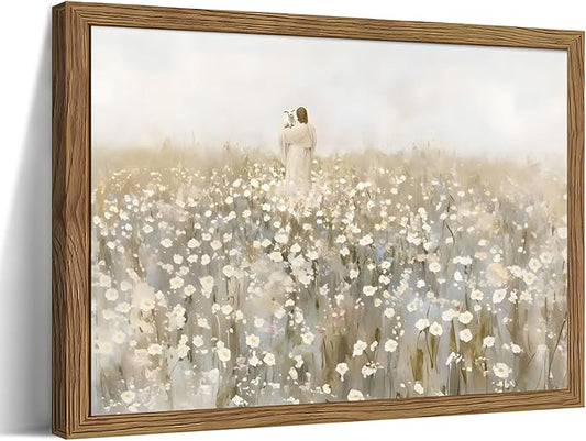 Framed Jesus and Lamb Wall Art, Carry You Home Lost sheep Canvas Print, Jesus Leaves the 99 Wall Decor, Christian Religiou...