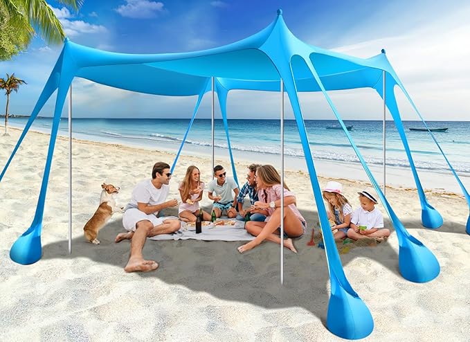 Rhino Valley Beach Tent Shade Canopy UPF50+ Protection, 8 Sandbags, 4 Stability Poles, Outdoor Sun Shelter Umbrella for Sa...