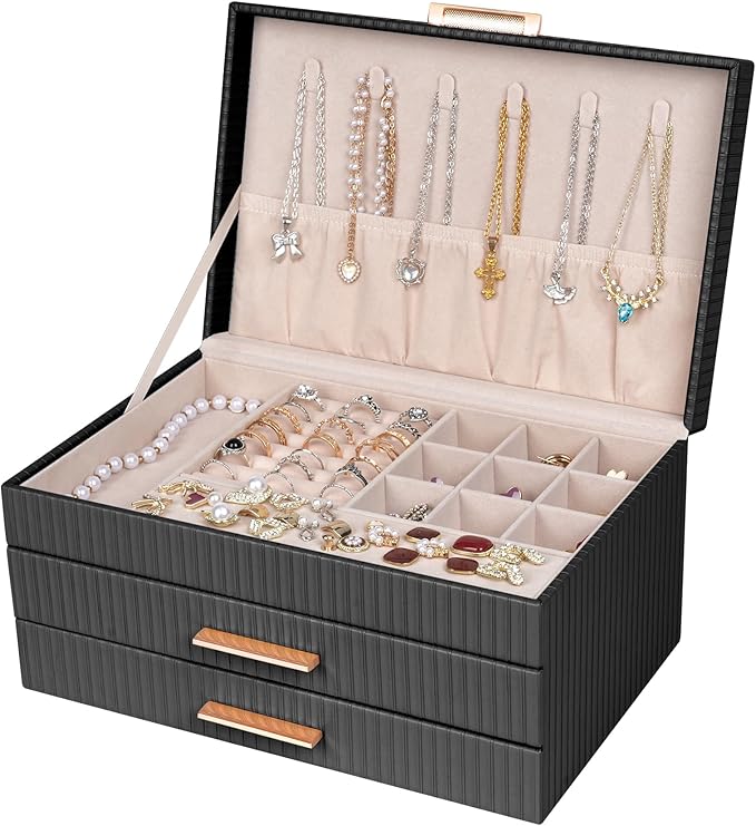 Dajasan Jewelry Box Organizer, 3-Tier Jewelry Storage with 2 Drawers, Large Jewelry Boxes for Women, PU Leather Surface wi...