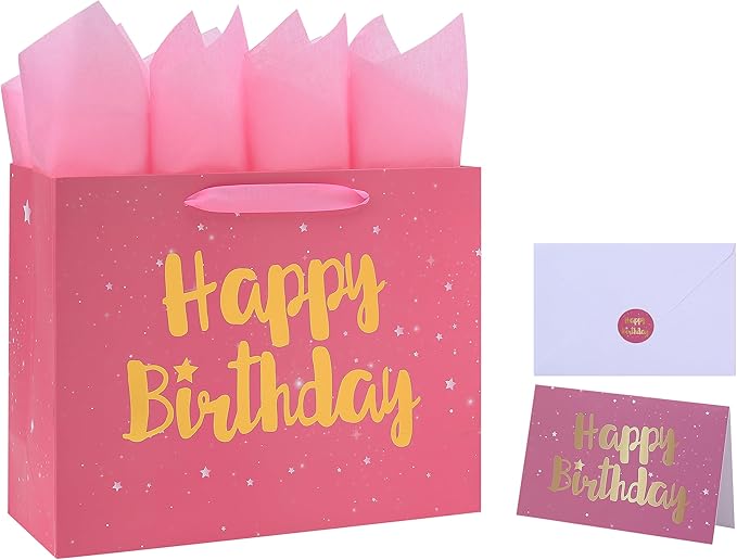 13" Large Pink Gift Bag Set with Greeting Card and Tissue Papers (Stars and Gold Foil ‘Happy Birthday’) for Women's Party,...