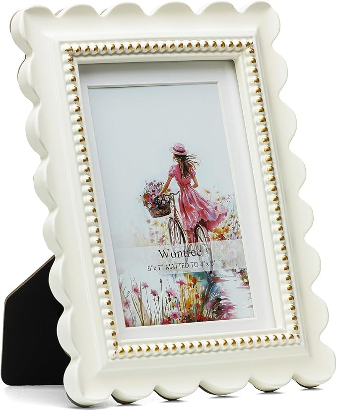 Wontree Wavy 5x7 Picture Frame White with Gold Beaded Trim, Resin Frame with Real Glass, Display 5x7 Photos Matted to 4x6,...