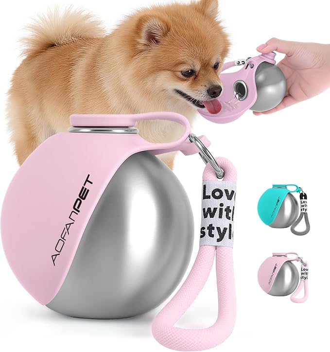 AOFANPET Portable Dog Water Bottle 10oz Stainless Steel Travel Dog Water Dispenser with Bowl No-Spill Puppy Water Bottle f...