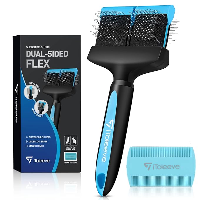 iToleeve Dual Flex Slicker Brush Dog Brush, Gentle Grooming Tool for Sensitive Dogs & Cats - Ideal for Long Hair, Removes ...