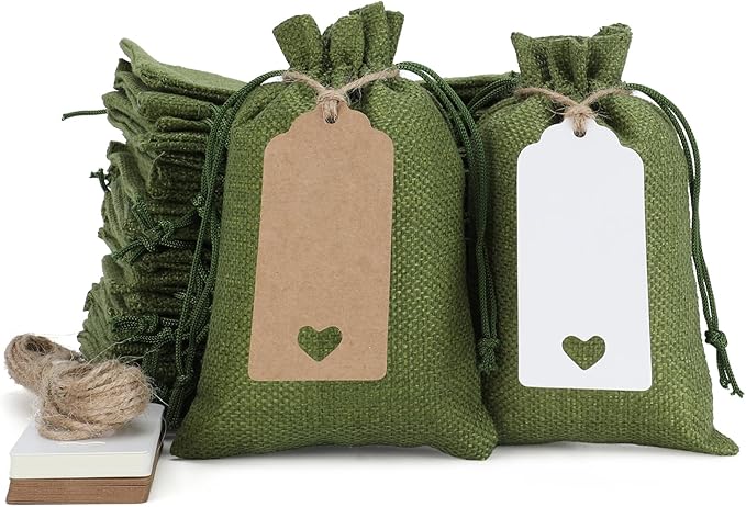 Tapleap Green Small Gift Bags with Drawstring - 30Pcs 4x6 Burlap Sacks for Wrapping Favors, Soap, Jewelry, Crosses Games, ...