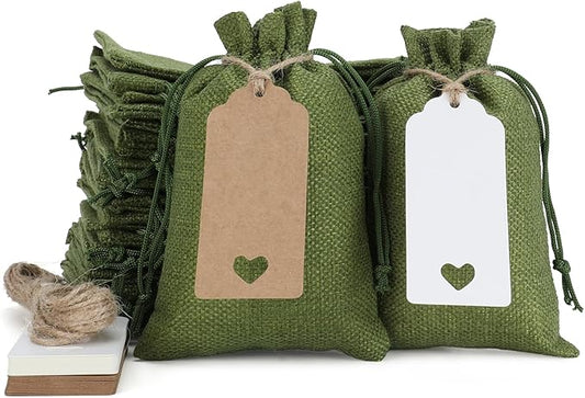 Tapleap Green Small Gift Bags with Drawstring - 30Pcs 4x6 Burlap Sacks for Wrapping Favors, Soap, Jewelry, Crosses Games, ...