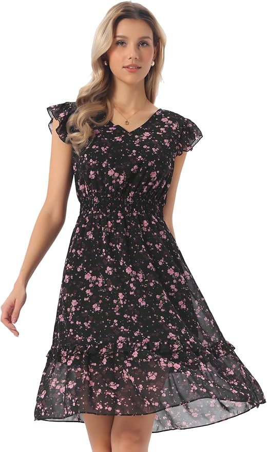Allegra K Women's Floral Dress Spring Summer V Neck Flutter Sleeve Ruffle Casual Smocked Knee Length Dresses