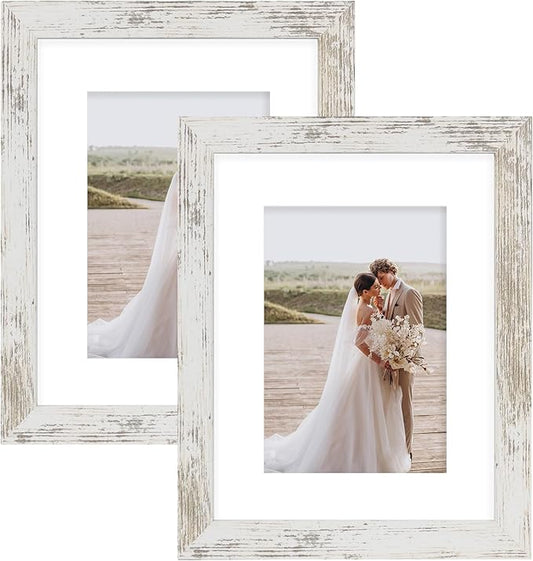 Hongkee 8x10 Picture Frame Set of 2, Made of Real Glass and Distressed White Wooden Frame - Display Picture 5x7 with Mat o...