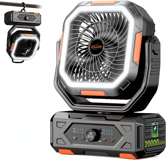 OGERY Camping Fan, Portable Fan Rechargeable with 20000mAh Battery, Stepless Speed Control, Fast Charging, Remote & LED La...