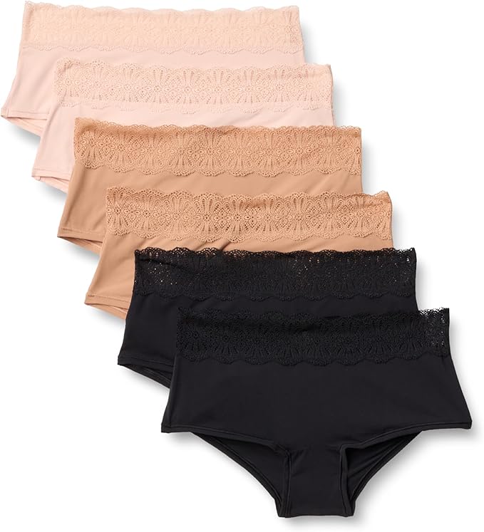 Amazon Essentials Women's Peached Microfiber Lace Trim Boyshort, Pack of 6