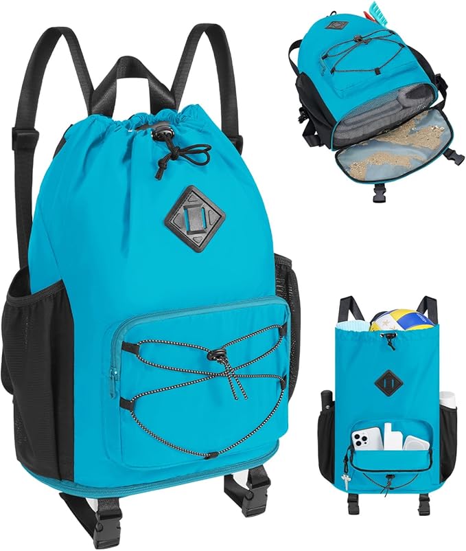 WANDF Drawstring Backpack with Removable Wet Pocket, Sandproof Beach Backpack with Bottom Compression Strap for Beach Mat,...