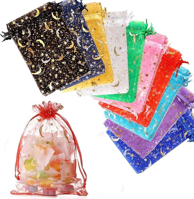 Hopttreely 100PCS Moon Star Organza Bags, 3X4 Jewelry Candy Favor Bags, Mixed Color Gift Pouch With Drawstring for Wedding...