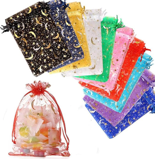 Hopttreely 100PCS Moon Star Organza Bags, 3X4 Organza Jewelry Candy Bags, Mixed Color Organza Favor Bags Gift Pouch with D...