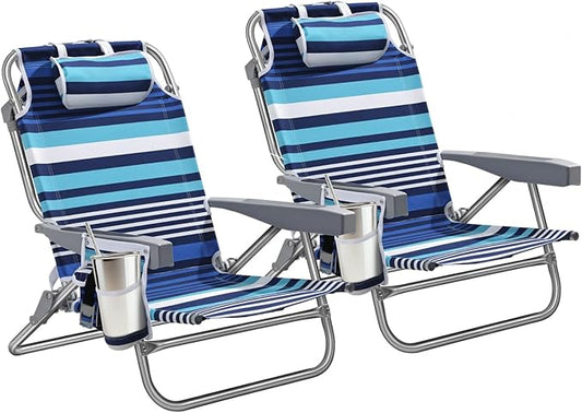 5-Position Aluminum Lay Flat Backpack Beach Chair 2 Pack, Compact Portable Low Beach Chairs for Adults, Beach Chair with C...