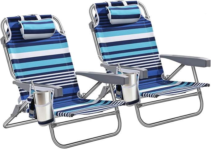 5-Position Aluminum Lay Flat Backpack Beach Chair 2 Pack, Compact Portable Low Beach Chairs for Adults, Beach Chair with C...