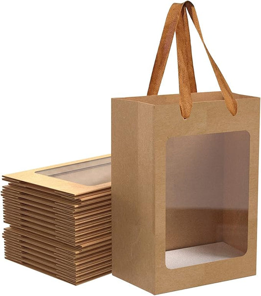 BallHull 12 Pcs Brown Paper Gift Bags with Transparent Window, 9.84"x7.0"x5.12" Kraft Shopping Bags with Handles for Bouqu...