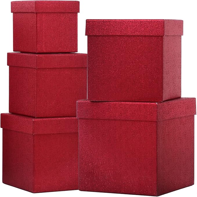 UNIQOOO 5Pcs Red Glitter Xmas Gift Box Set with Lid, Assorted Size, Square Nested Wedding Keepsake Boxes, Holiday Paper Bo...
