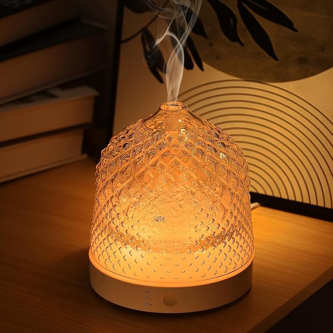 Lecdura Glass Essential Oil Diffuser, 200ml Ultrasonic Aroma Diffusers with Glass Reservoir Dome & White Plastic Base Lock...