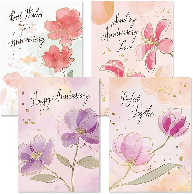 Current Floral Pairs Deluxe Happy Anniversary Cards For Couples - Set of 8 (4 Designs), 5 x 7 Inches, Sentiments Inside