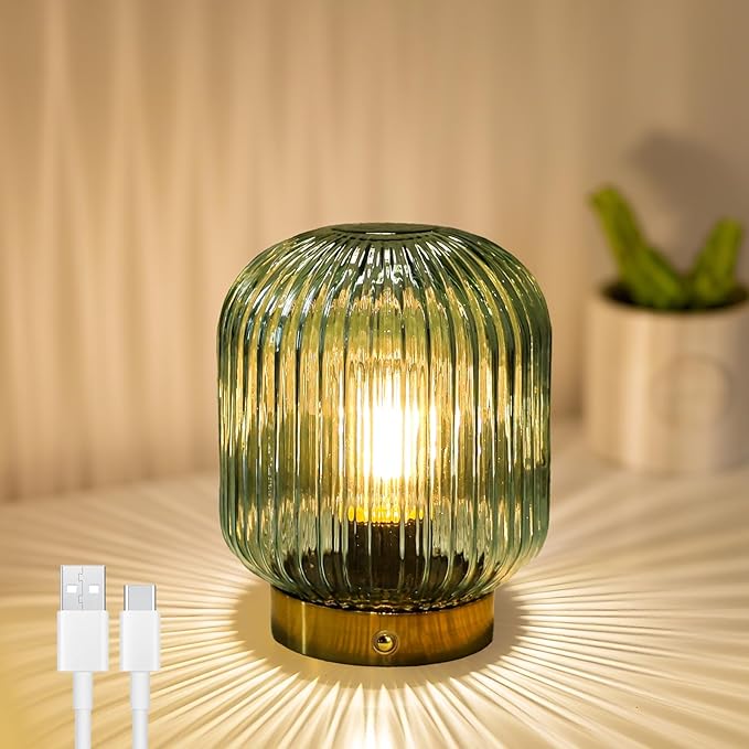 MJ PREMIER Rechargeable Table Lamp, Green Glass Lamp with Memory Function, Small Cordless LED Lamp with Dimmable Brightnes...