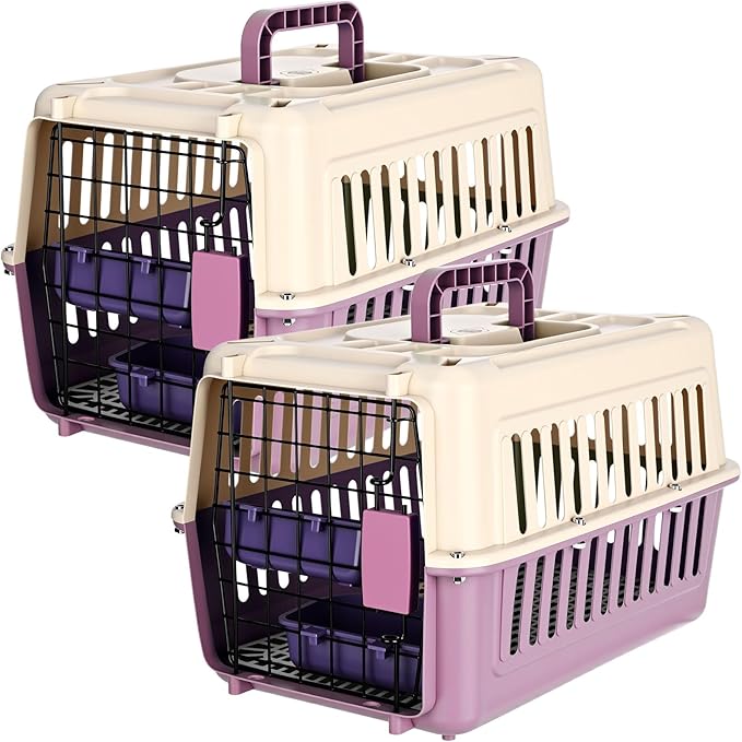 Fiwochic 2 Set Hard Plastic Pet Carrier Breathable Dog Cat Kennel with Metal Door Bowl Grille Mat Pet up to 14 Lbs Carrier...
